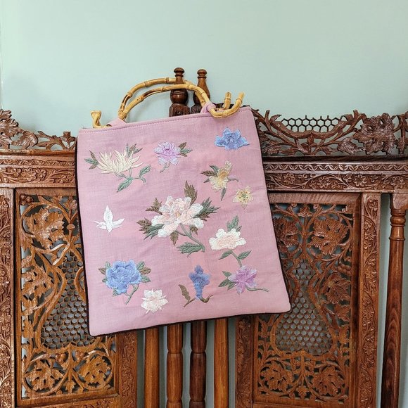 Vintage Bamboo Handled Floral Embroidered Bag - Picture 2 of 11